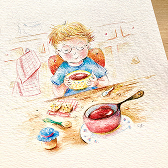 Dessin d'un enfant mangeant du chocolat